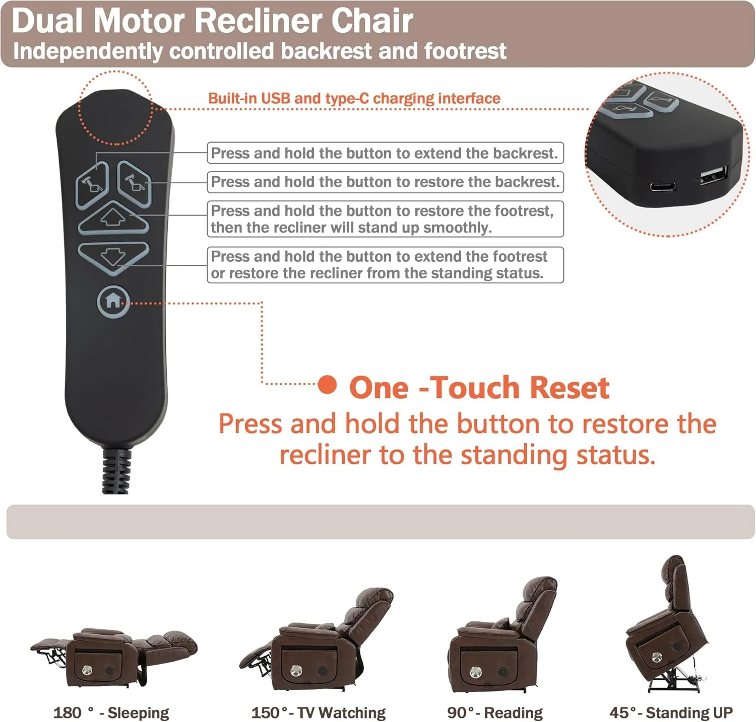 Power Lift Recliner Chair for Adults Elderly Lay Flat Leather Recliners with Massage Heating, Extended Footrest, Wireless Charging Device, USB Ports, Cup Holder, Lumbar Pillow, Up to 400LBS