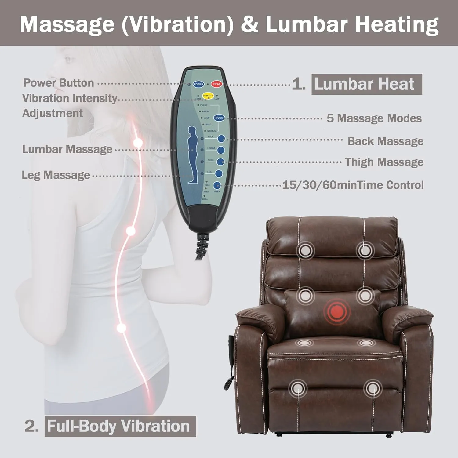 Power Lift Recliner Chair for Adults Elderly Lay Flat Leather Recliners with Massage Heating, Extended Footrest, Wireless Charging Device, USB Ports, Cup Holder, Lumbar Pillow, Up to 400LBS