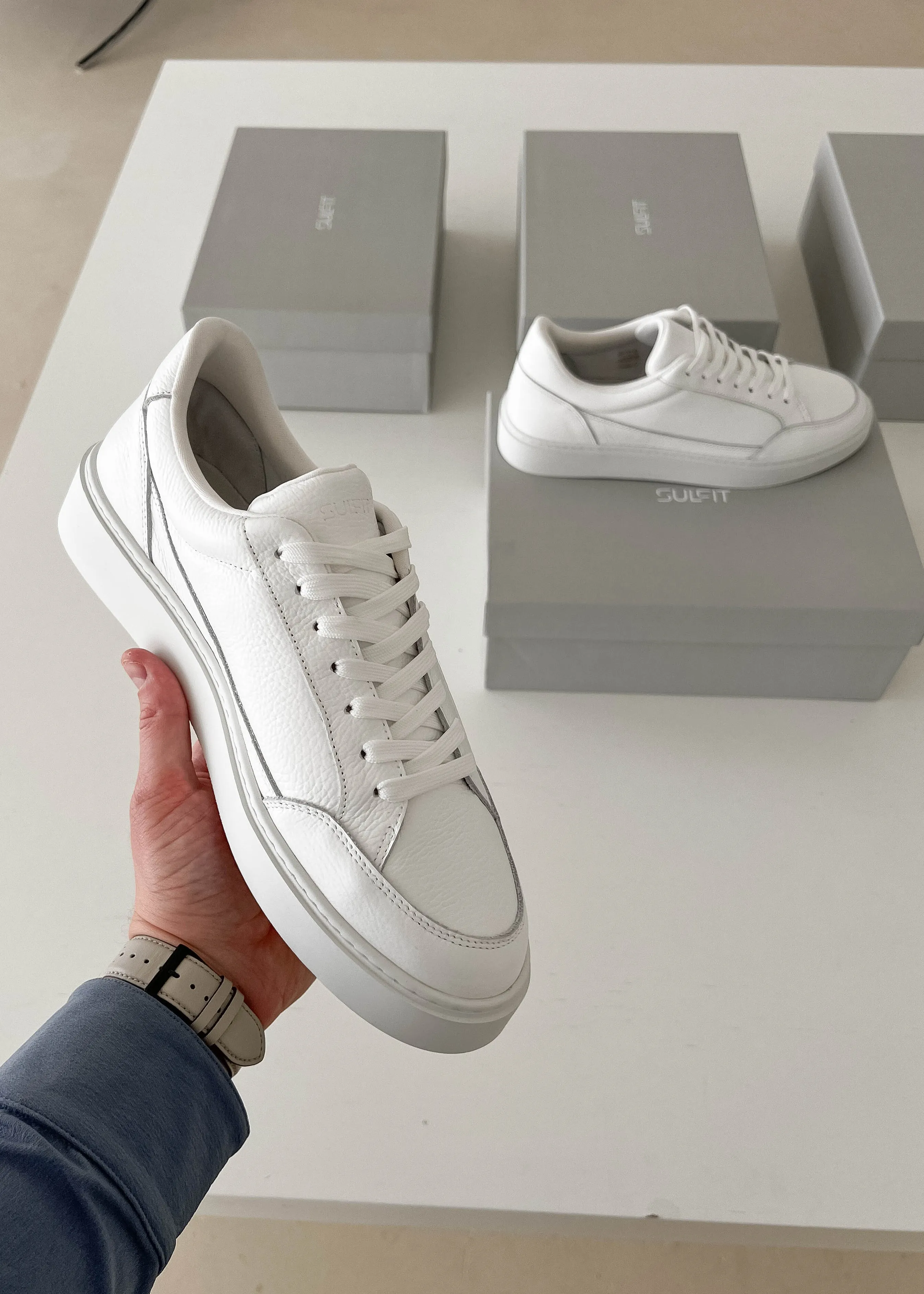 Premium Leather Trainer In Triple White