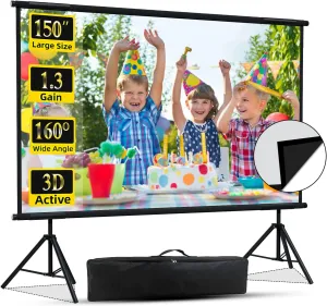 Projector Screen with Stand, XINLEMY 150'' Indoor Upgraded Wall-Mounted Projector Screen Portable Wrinkle-Free Large Outdoor Projection Screen 16:9 HD 4K Movie Screen with Carry Bag for Home Backyard