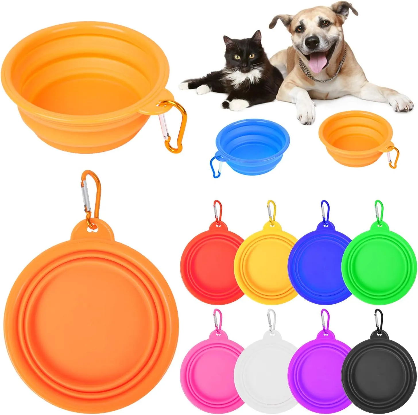 PROLOSO 9 Pcs Collapsible Dog Bowl Foldable Expandable Silicone Cup Dish for Pet Cat Food Water Feeding Portable Travel Bowl with Carabiner