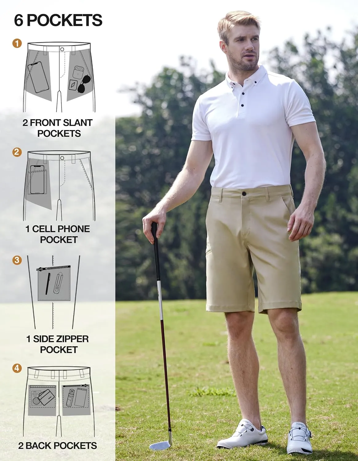 PULI Men's Golf Hybrid Dress Shorts Casual Summer Stretch Flat Front Lightweight Hiking Shorts Quick Dry with Pockets