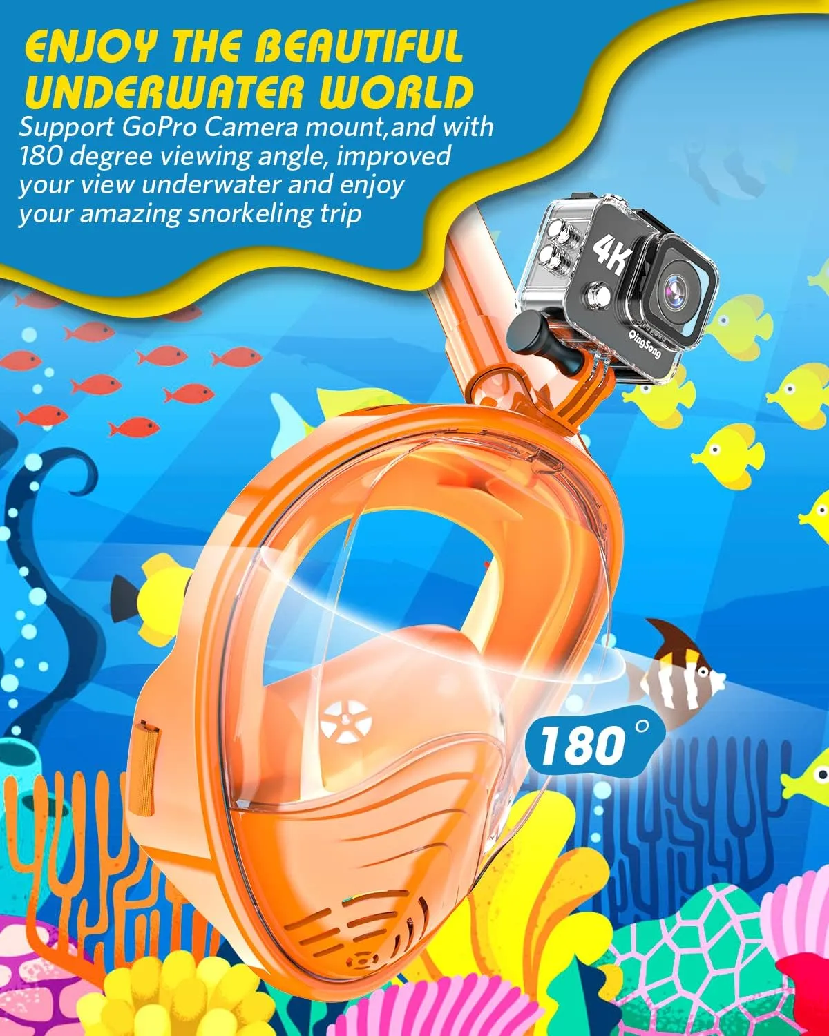 QingSong Kids Snorkel Mask Full Face, Snorkeling Set with Camera Mount, Foldable 180 Degree Panoramic View Snorkeling Gear Anti-Fog Anti-Leak
