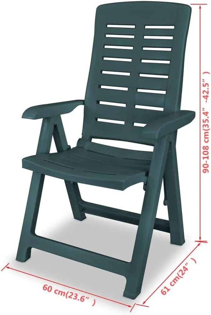 Reclining Patio Chairs 2 Pack Plastic Green Outdoor Furniture with 4 Adjustable Positions, Foldable Lounge Chairs for Poolside, Backyard, Beach and Camping