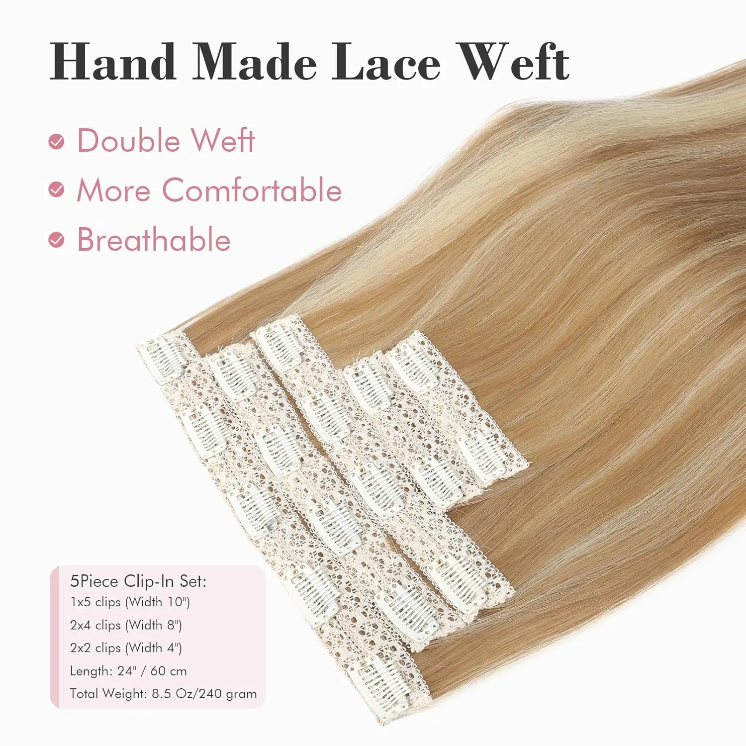 REECHO Clip in Hair Extensions, Hair Extensions Thick Long Lace Weft Lightweight Synthetic Hairpieces for Women (24 Inch-240 Gram(Pack of 5), Dark Blonde with Highlights)