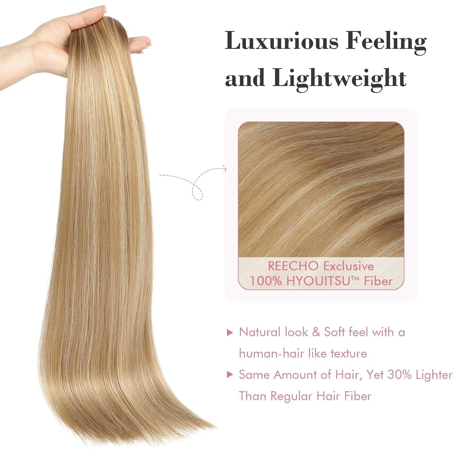 REECHO Clip in Hair Extensions, Hair Extensions Thick Long Lace Weft Lightweight Synthetic Hairpieces for Women (24 Inch-240 Gram(Pack of 5), Dark Blonde with Highlights)