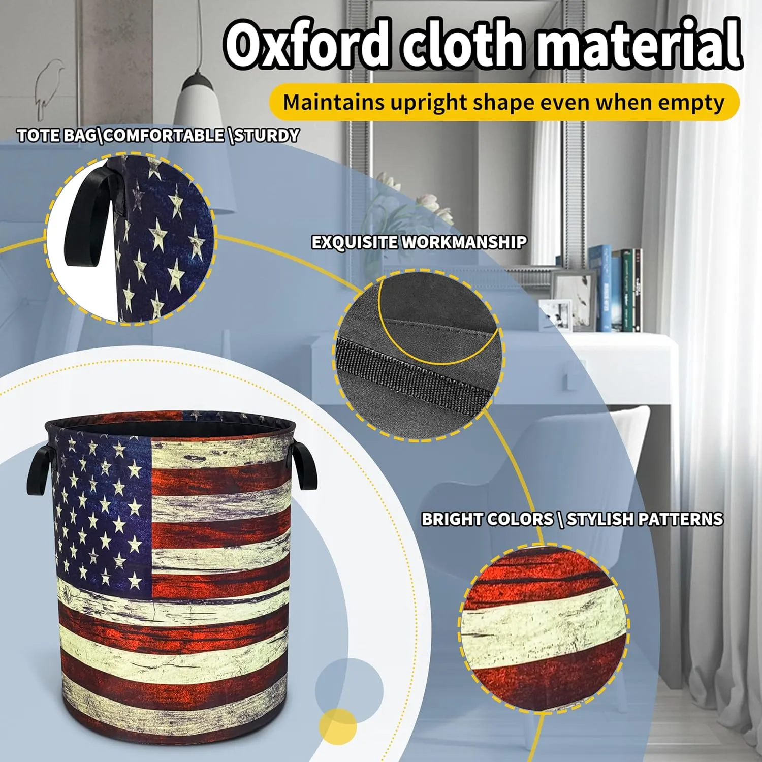 Retro American Flag Laundry Basket Patriotic Foldable Oxford Cloth Funny Tote Bag Laundry Hamper Clothes Storage Bucket Toy Organizer For Bathroom/Laundry Storage/Bedroom 18.9x16.5 Inch