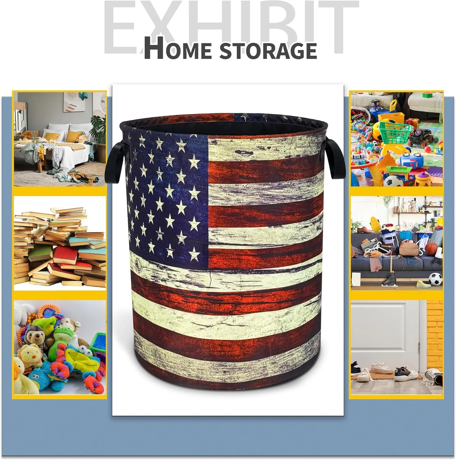 Retro American Flag Laundry Basket Patriotic Foldable Oxford Cloth Funny Tote Bag Laundry Hamper Clothes Storage Bucket Toy Organizer For Bathroom/Laundry Storage/Bedroom 18.9x16.5 Inch