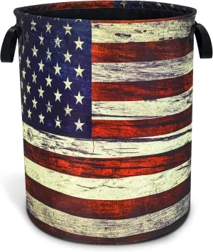 Retro American Flag Laundry Basket Patriotic Foldable Oxford Cloth Funny Tote Bag Laundry Hamper Clothes Storage Bucket Toy Organizer For Bathroom/Laundry Storage/Bedroom 18.9x16.5 Inch