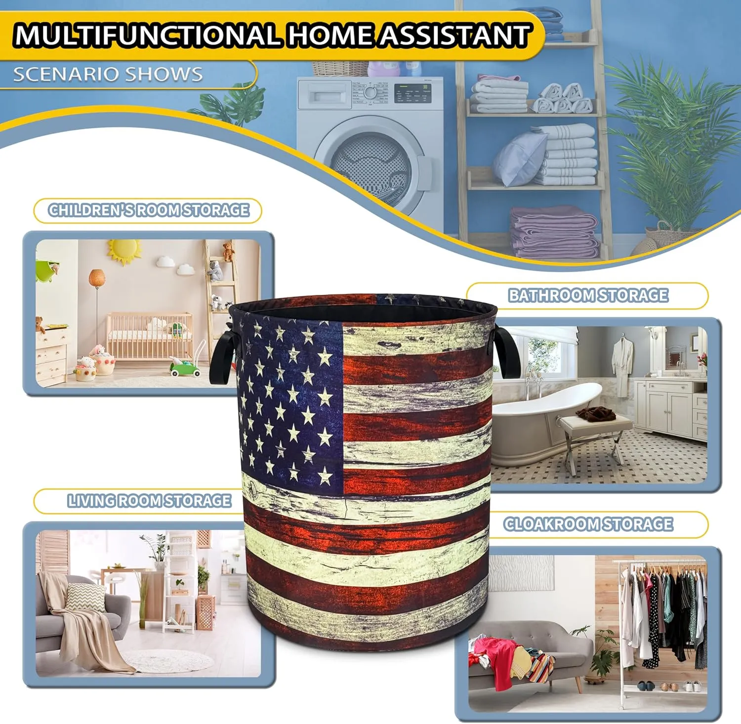 Retro American Flag Laundry Basket Patriotic Foldable Oxford Cloth Funny Tote Bag Laundry Hamper Clothes Storage Bucket Toy Organizer For Bathroom/Laundry Storage/Bedroom 18.9x16.5 Inch