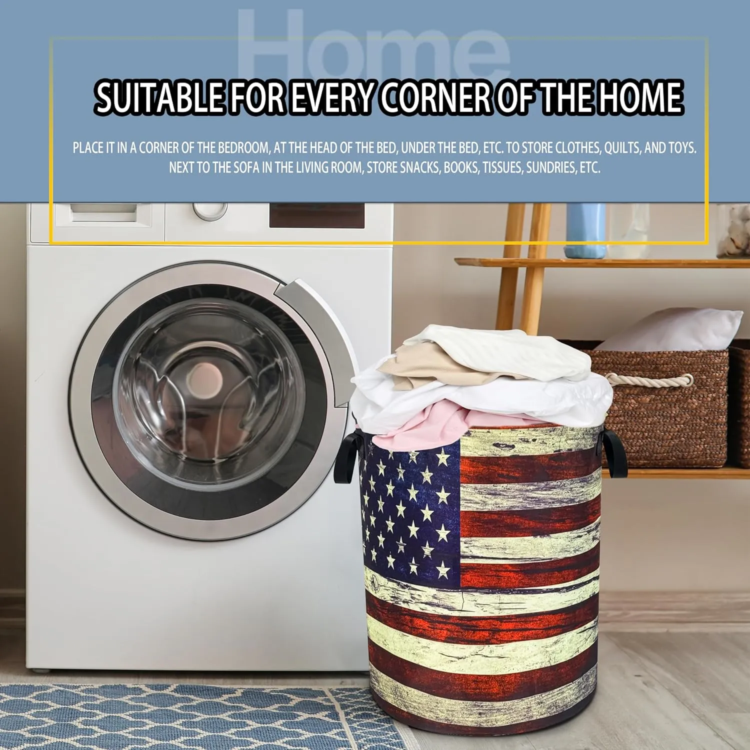 Retro American Flag Laundry Basket Patriotic Foldable Oxford Cloth Funny Tote Bag Laundry Hamper Clothes Storage Bucket Toy Organizer For Bathroom/Laundry Storage/Bedroom 18.9x16.5 Inch