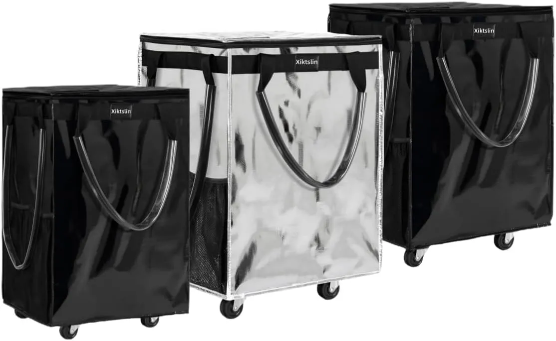 Reusable Grocery Bag on Wheels, 3 Pack Foldable Rolling Tote Capacity Shopping Trolley, Rolling Bag with Handles, Zipper Clouser Rolling Tote Bag with Wheels for Laundry