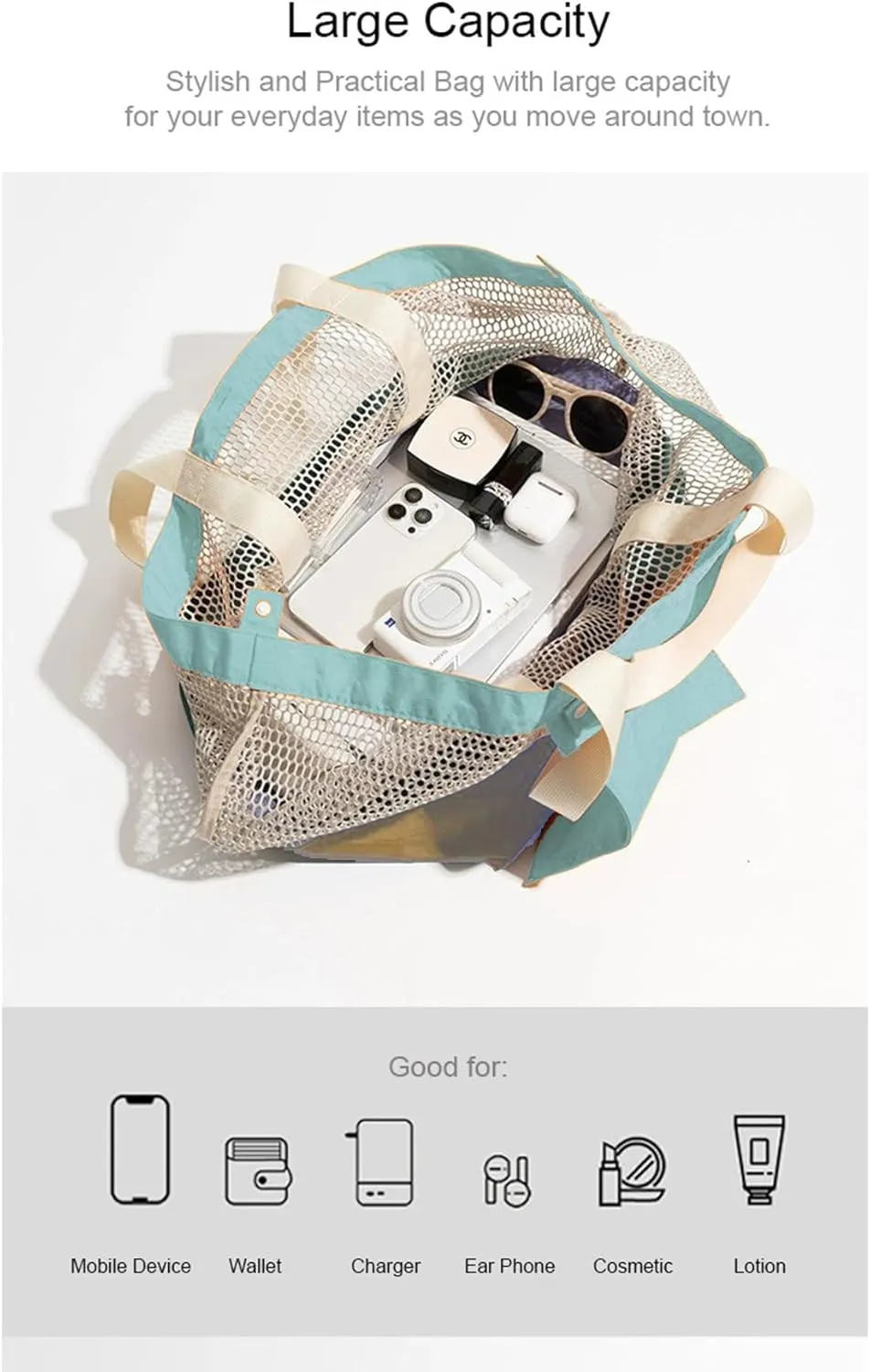 Reversible Mesh Canvas Tote Bag - Two-Tone Patchwork Shoulder Bag, Lightweight & Foldable for Beach, Gym, Travel