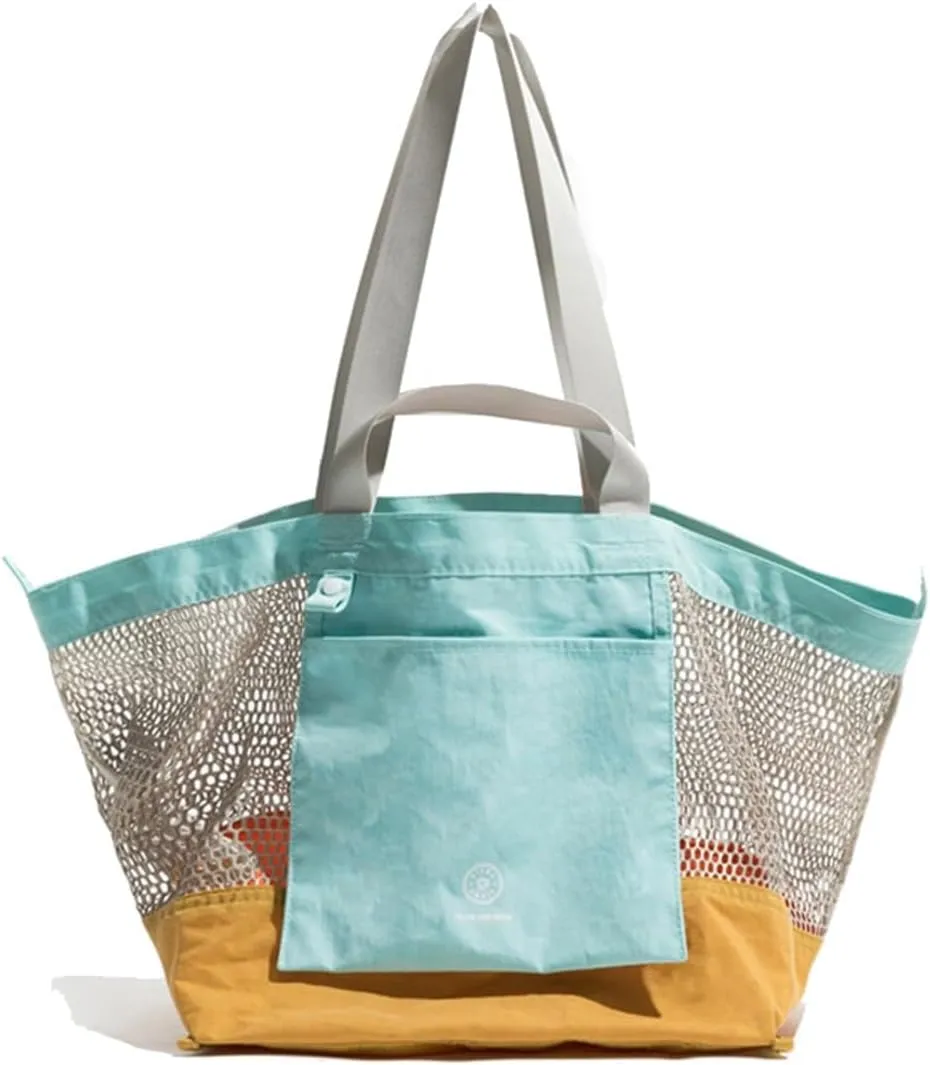 Reversible Mesh Canvas Tote Bag - Two-Tone Patchwork Shoulder Bag, Lightweight & Foldable for Beach, Gym, Travel
