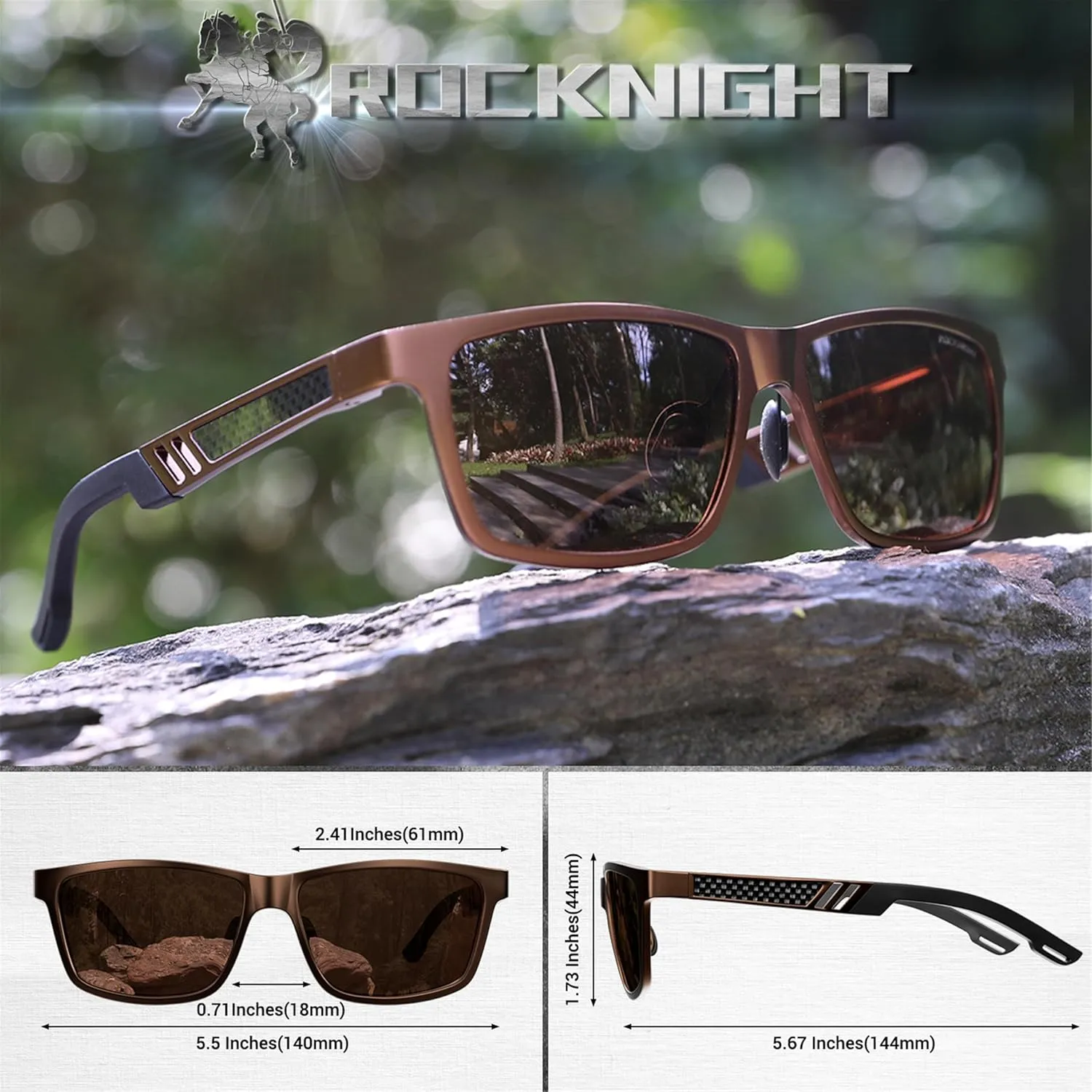 ROCKNIGHT HD Driving Sunglasses Men Polarized UV Protection Al-Mg Metal Frame Lightweight Flat Lens Hiking Fishing