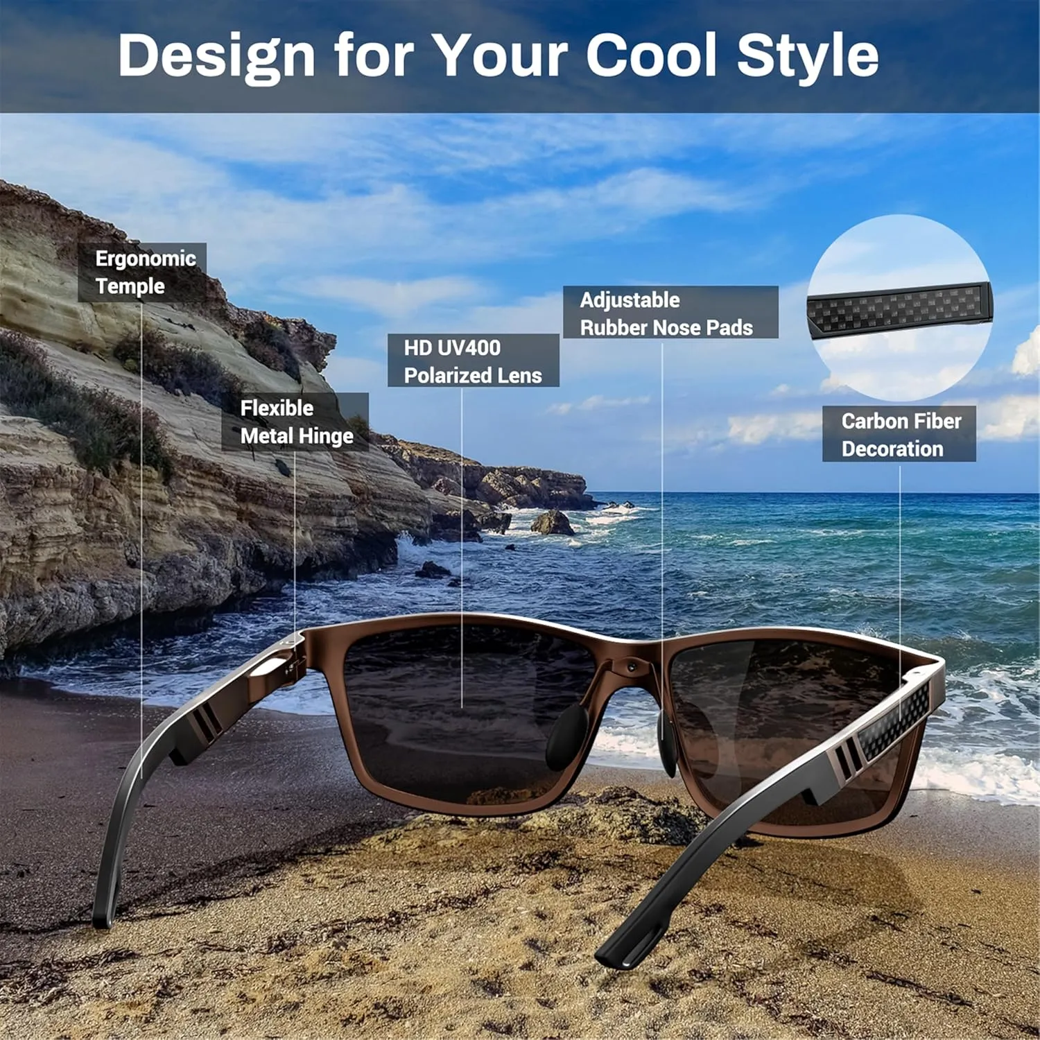ROCKNIGHT HD Driving Sunglasses Men Polarized UV Protection Al-Mg Metal Frame Lightweight Flat Lens Hiking Fishing
