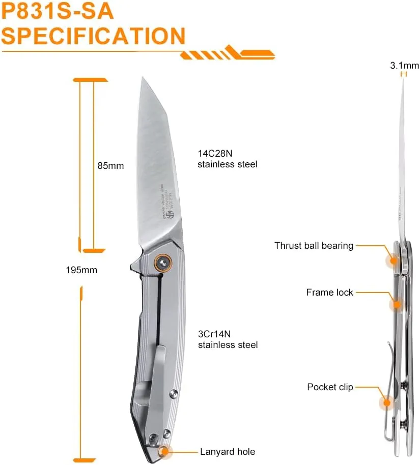 Ruike P831 Folding Tactical Knife with Clip Survival Pocket Knife Tactical EDC Tool Liner Lock 14C28N Steel Camping Knives 3.35inch Small Utility Knife Men Women Blet plus small Multi tool Key