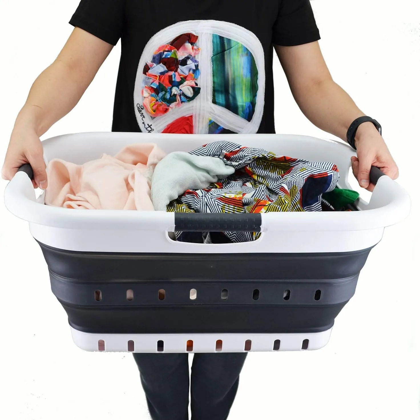 SAMMART 41L (10.8 gallon) Set of 2 Collapsible 3 Handled Plastic Laundry Basket-Foldable Pop Up Storage Container/Organizer-Space Saving Hamper/Basket (2, Black)
