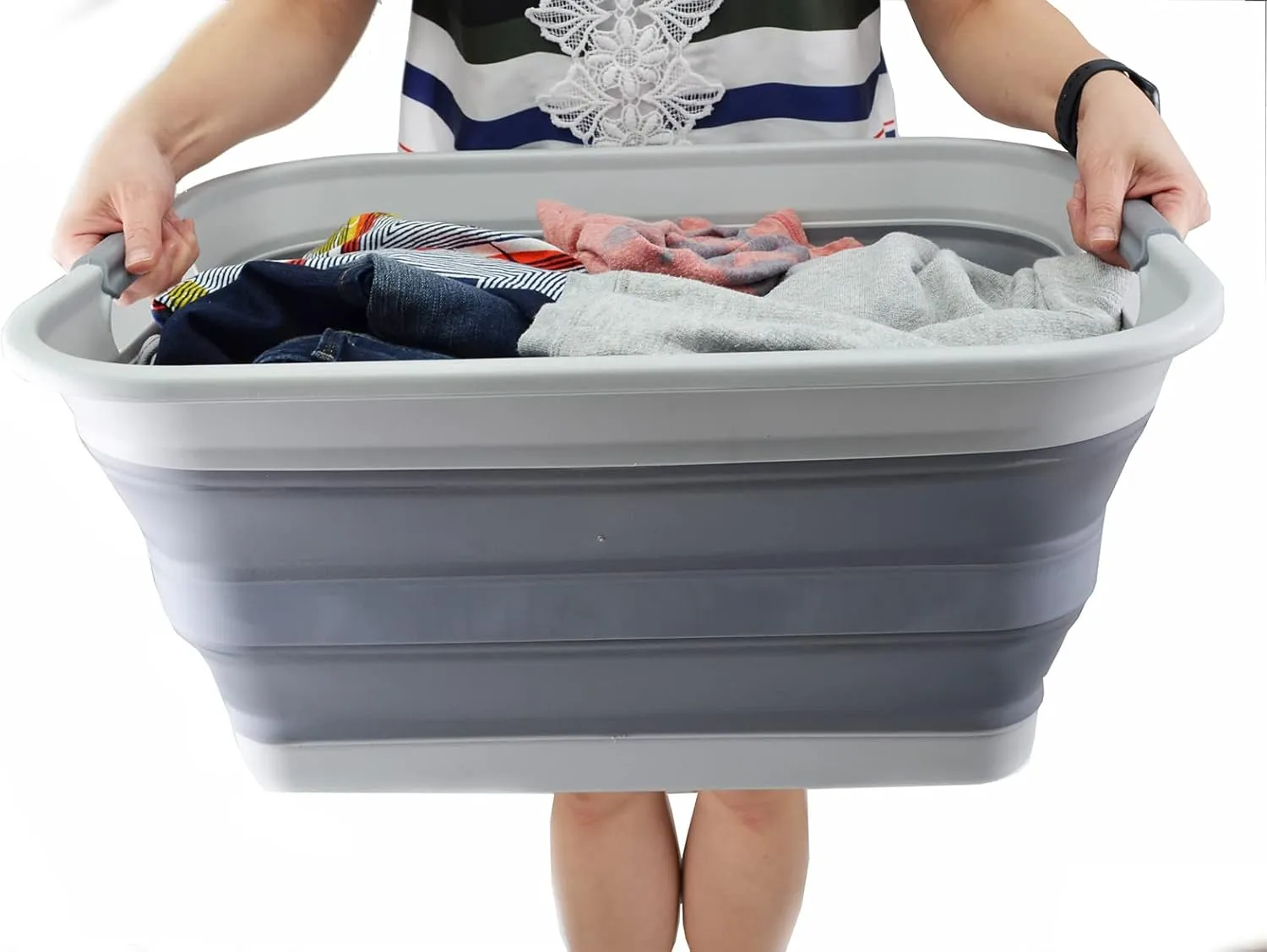 SAMMART 42L(11 gallon) Collapsible Plastic Laundry Basket-Foldable Pop Up Storage Container/Organizer-Portable Washing Tub-Space Saving,Water capacity 34L(9 gallon) (1 Rectangular - strengthen, Grey)