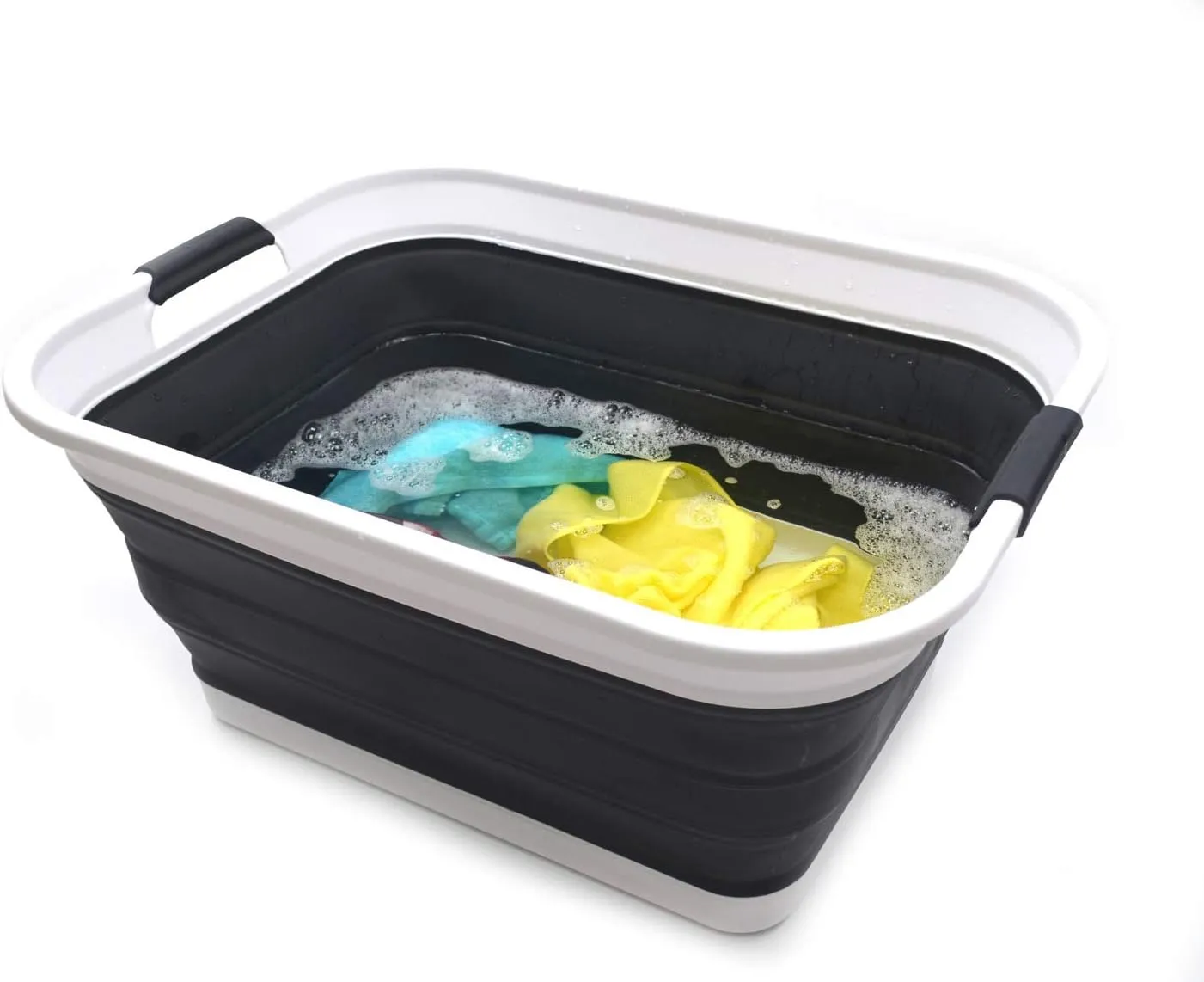 SAMMART 42L(11 gallon) Set of 2 Collapsible Plastic Laundry Basket-Foldable Pop Up Storage Container-Portable Washing Tub-Space Saving,Water capacity 34L(9 gallon) (2 rectangular - strengthen, black)