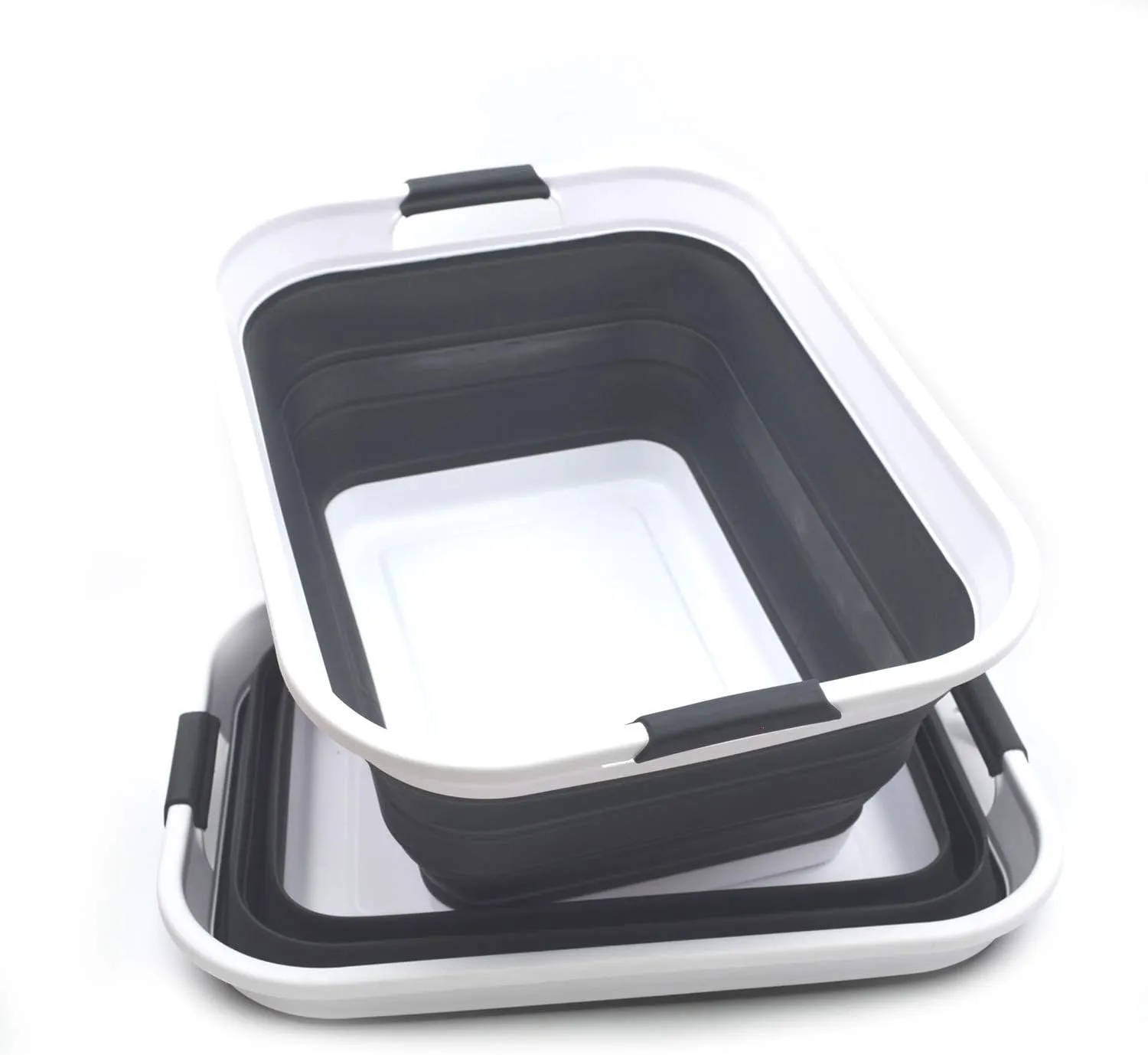 SAMMART 42L(11 gallon) Set of 2 Collapsible Plastic Laundry Basket-Foldable Pop Up Storage Container-Portable Washing Tub-Space Saving,Water capacity 34L(9 gallon) (2 rectangular - strengthen, black)