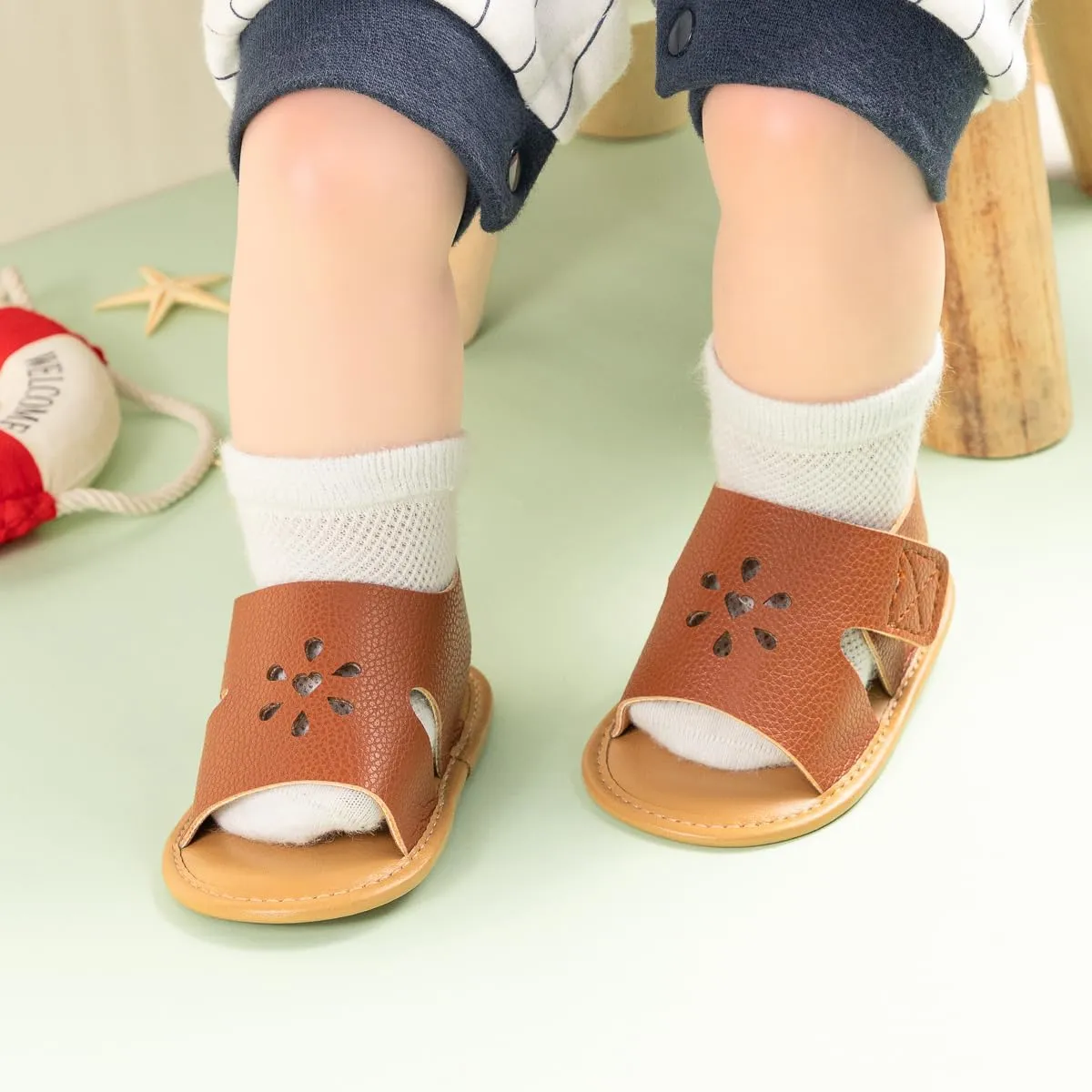 Sawimlgy Baby Girls Boys Sandals Summer Flowers Shoe Rubber Sole PU Leather Mesh Infant Toddler First Walkers Princess Dress Outdoor Shoes