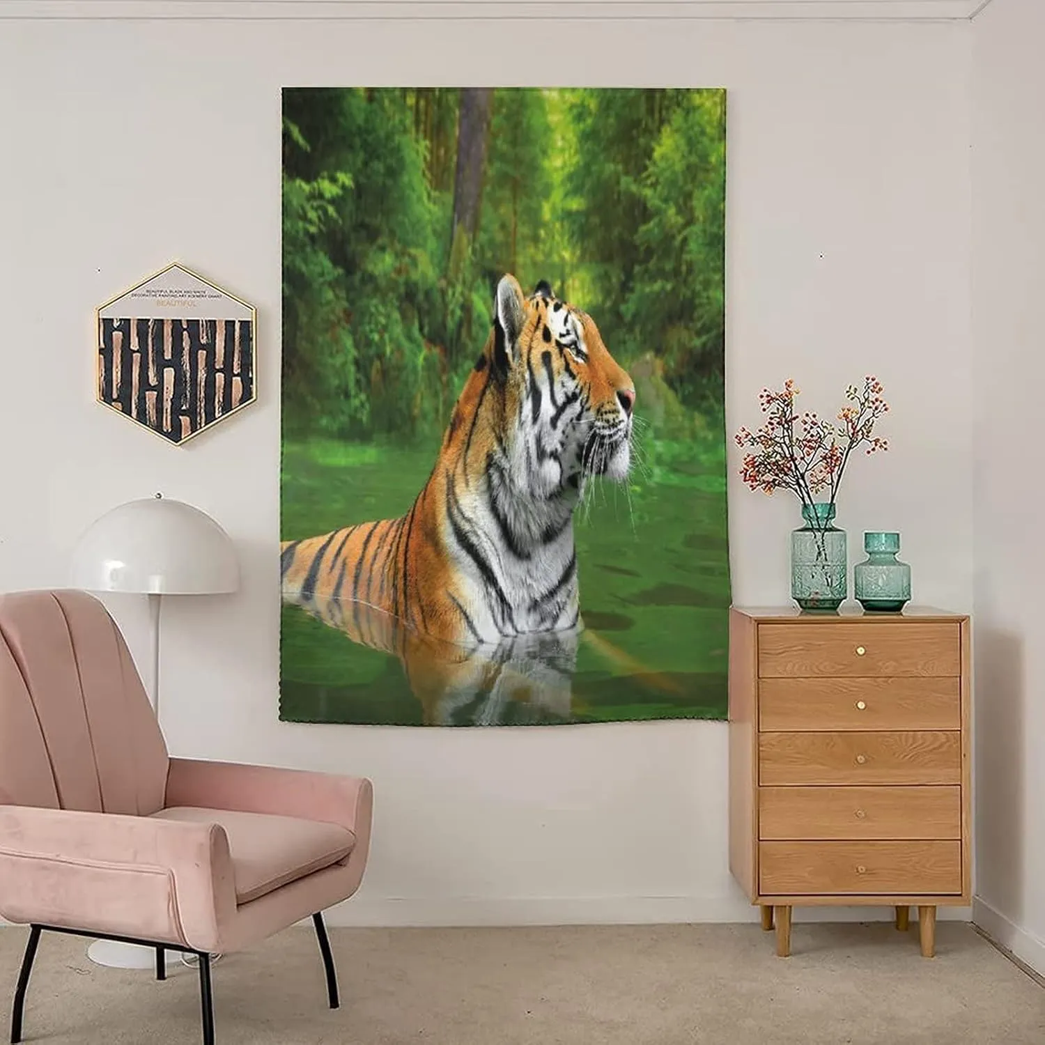 Self Adhesive Portable Blackout Curtains, Tiger Room Darkening Curtains, Black Striped Large Cat from Siberia Swimming in Lake Print Temporary Blackout Blinds,59W x72L Inches, for Bathroom Bedroom