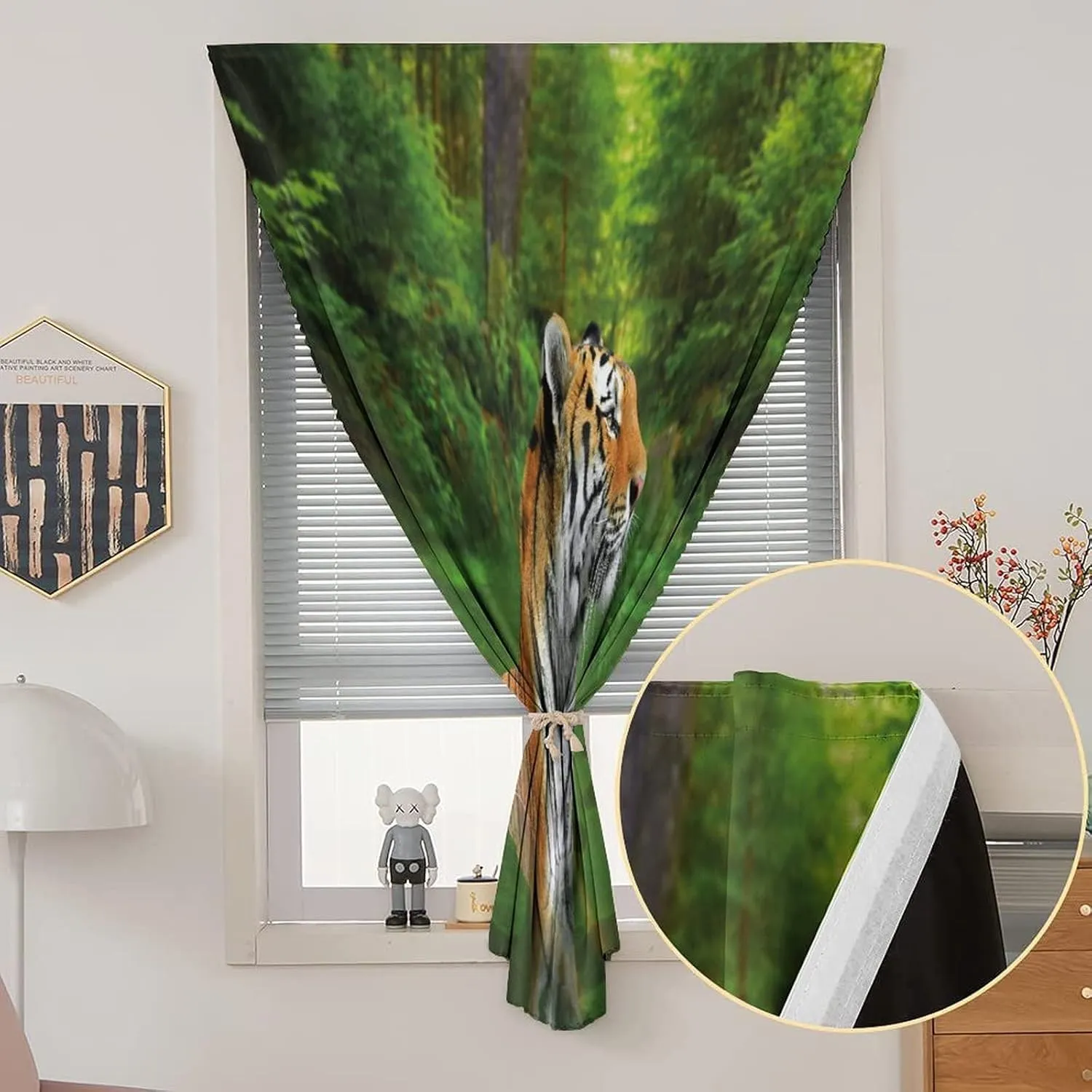 Self Adhesive Portable Blackout Curtains, Tiger Room Darkening Curtains, Black Striped Large Cat from Siberia Swimming in Lake Print Temporary Blackout Blinds,59W x72L Inches, for Bathroom Bedroom