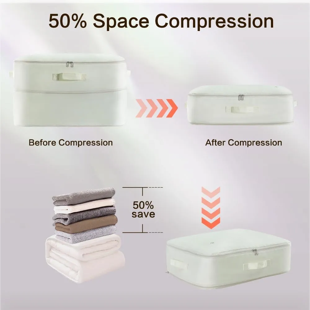 Self Compression Storage Bags with Zipper, (Beige) - Heavy Duty Fabric Space Saver for Blankets, Comforters & Clothes - No Vacuum Needed, Foldable & Reusable for Home & Dorm Organization