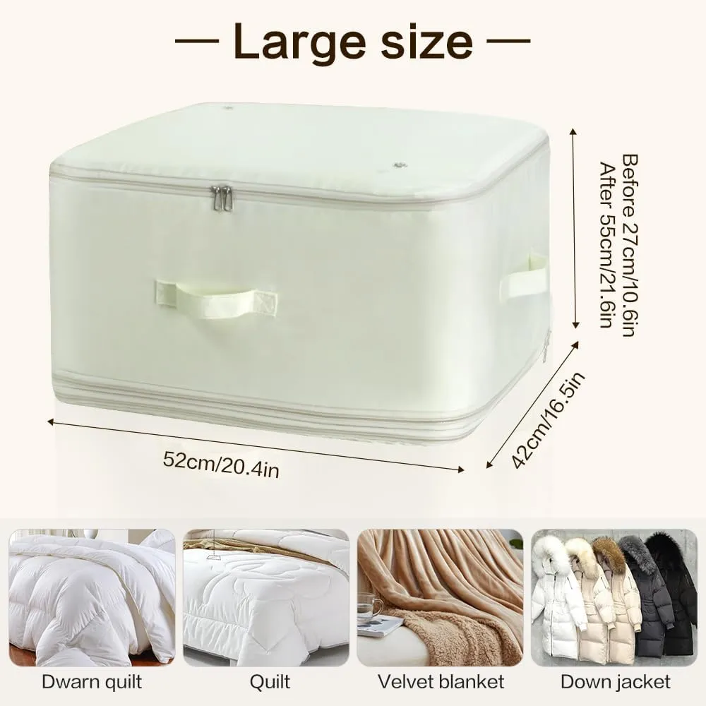 Self Compression Storage Bags with Zipper, (Beige) - Heavy Duty Fabric Space Saver for Blankets, Comforters & Clothes - No Vacuum Needed, Foldable & Reusable for Home & Dorm Organization