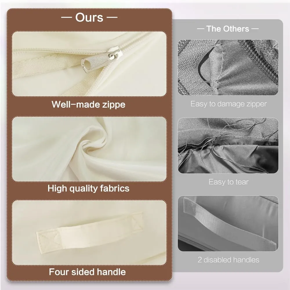 Self Compression Storage Bags with Zipper, (Beige) - Heavy Duty Fabric Space Saver for Blankets, Comforters & Clothes - No Vacuum Needed, Foldable & Reusable for Home & Dorm Organization