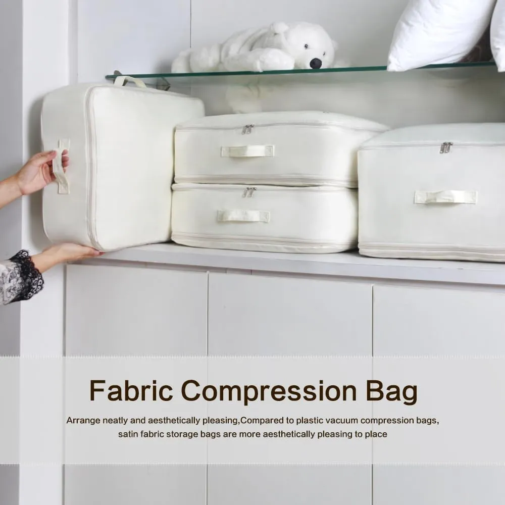 Self Compression Storage Bags with Zipper, (Beige) - Heavy Duty Fabric Space Saver for Blankets, Comforters & Clothes - No Vacuum Needed, Foldable & Reusable for Home & Dorm Organization