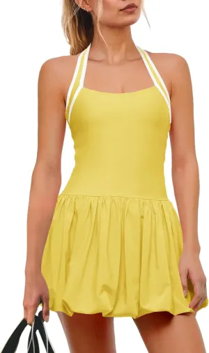 SENSERISE Womens Tennis Dress Built in Bra Halter Dress with Shorts Underneath Workout One Piece Golf Outfits