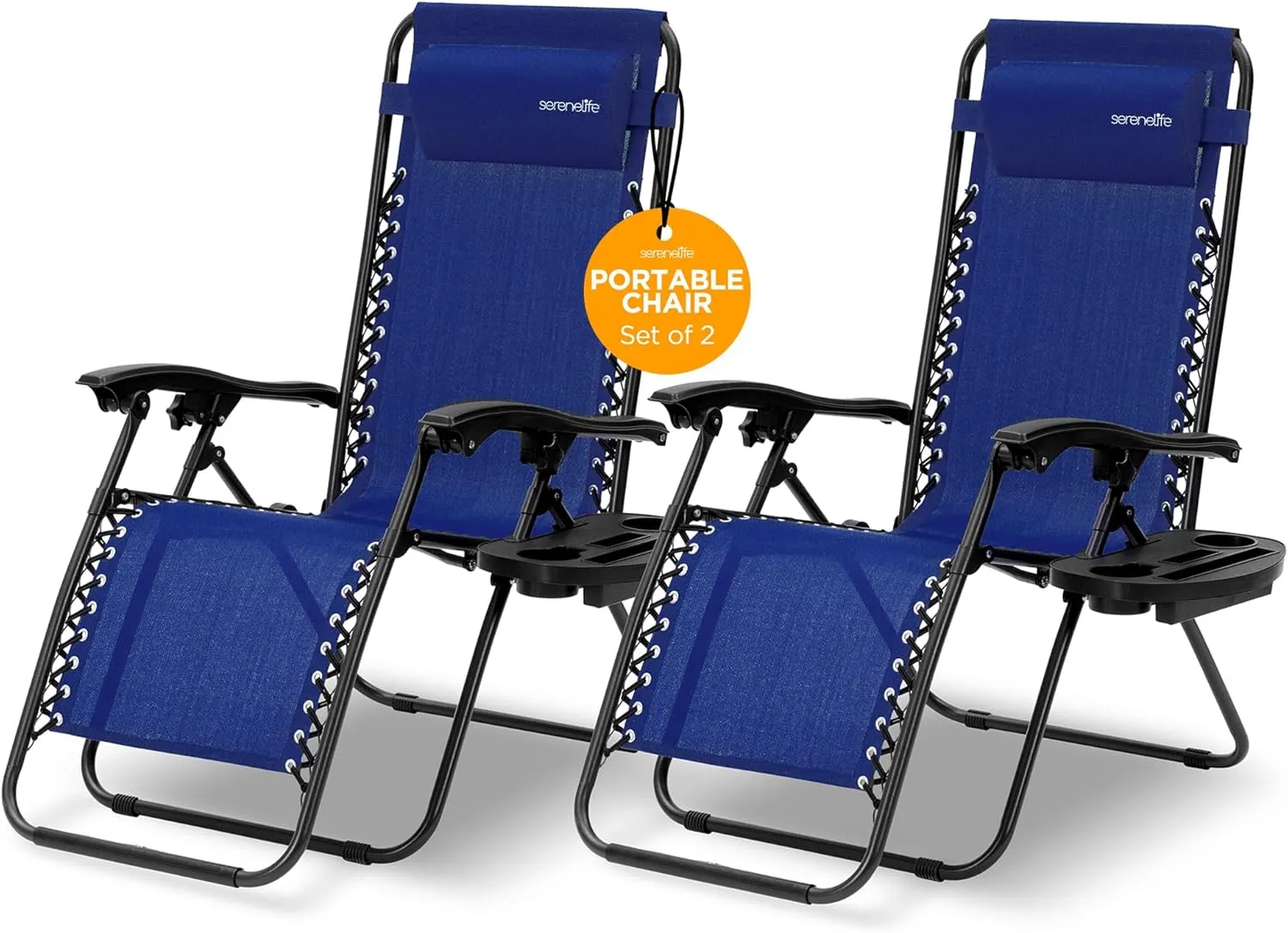 SereneLife Zero Gravity Chairs Set of 2 - Adjustable Steel Mesh Lawn Chairs - Outdoor Lounge Chairs with Detachable Cup Holder Tray - Foldable Outdoor Chair with Removable Pillows - Blue