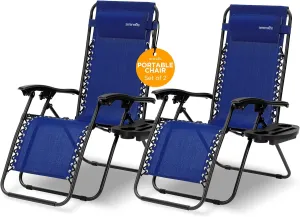 SereneLife Zero Gravity Chairs Set of 2 - Adjustable Steel Mesh Lawn Chairs - Outdoor Lounge Chairs with Detachable Cup Holder Tray - Foldable Outdoor Chair with Removable Pillows - Blue