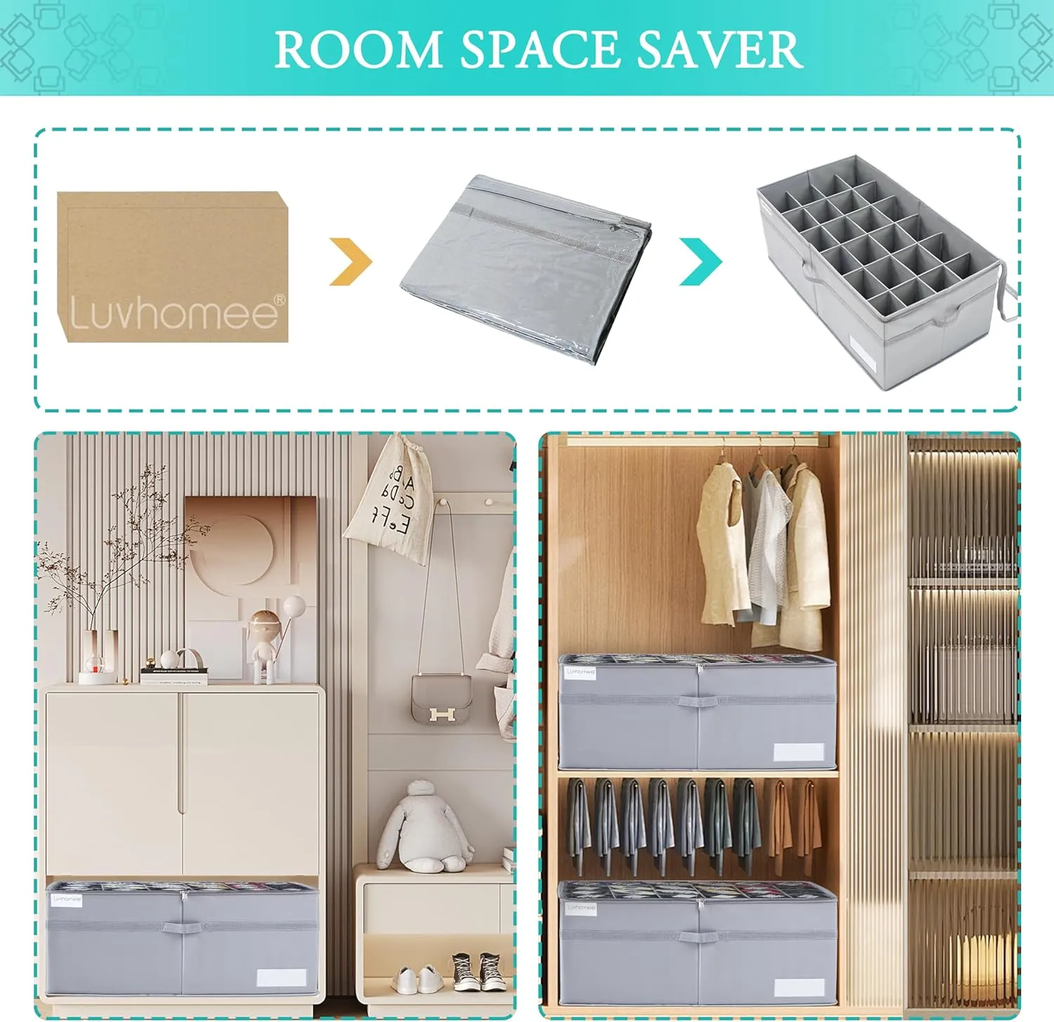 Shoe Organizer for Closet, Fits 24 Pairs, Large Shoe Box Storage Containers, Clear Foldable Shoe Storage Bins w/Bottom Support, Space Saving Closet Shoes Holder w/Reinforced Handles, Gray