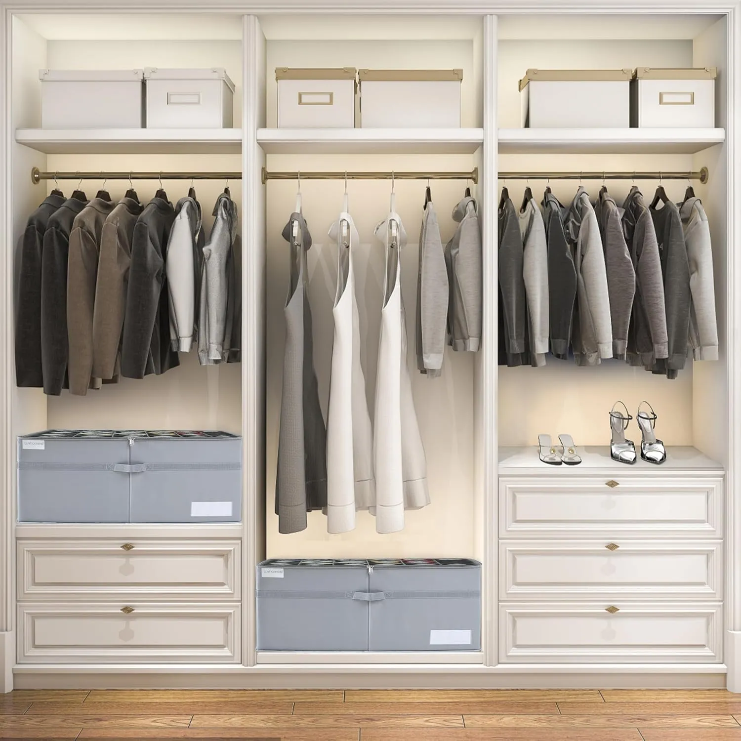 Shoe Organizer for Closet, Fits 24 Pairs, Large Shoe Box Storage Containers, Clear Foldable Shoe Storage Bins w/Bottom Support, Space Saving Closet Shoes Holder w/Reinforced Handles, Gray