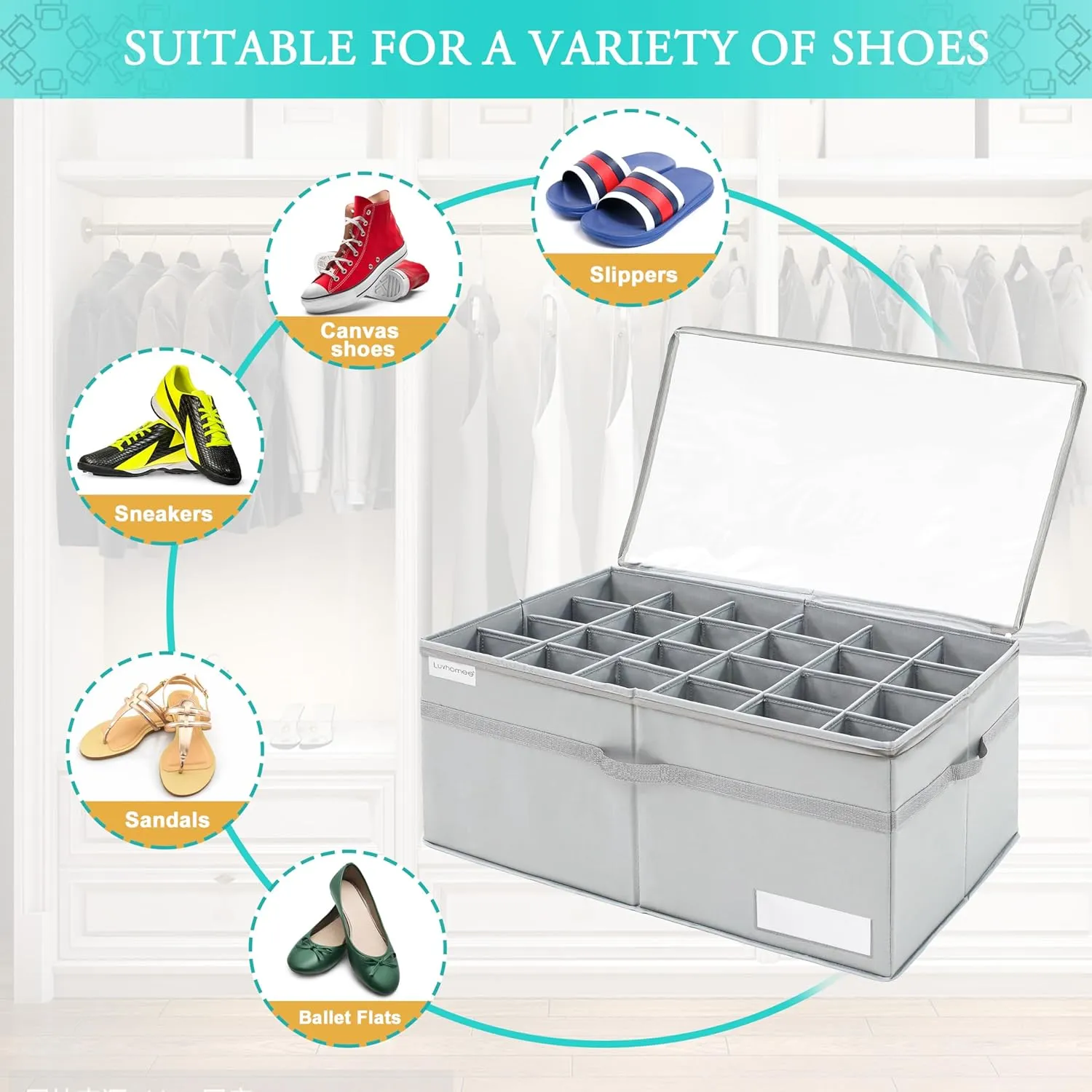 Shoe Organizer for Closet, Fits 24 Pairs, Large Shoe Box Storage Containers, Clear Foldable Shoe Storage Bins w/Bottom Support, Space Saving Closet Shoes Holder w/Reinforced Handles, Gray