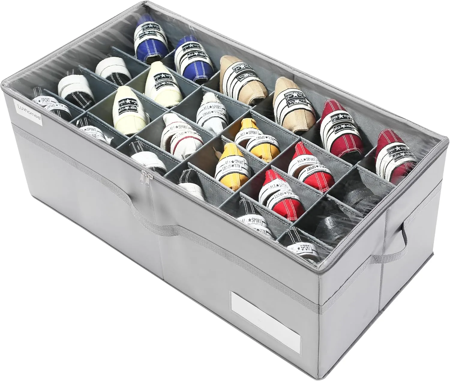 Shoe Organizer for Closet, Fits 24 Pairs, Large Shoe Box Storage Containers, Clear Foldable Shoe Storage Bins w/Bottom Support, Space Saving Closet Shoes Holder w/Reinforced Handles, Gray