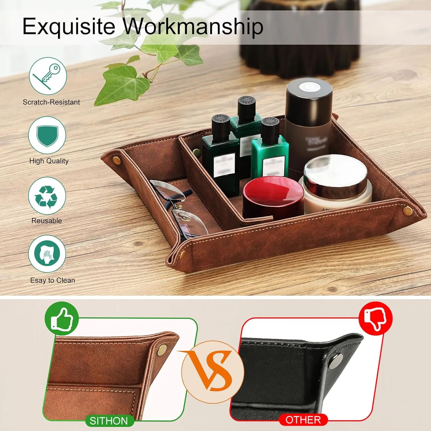 SITHON Valet Tray Desktop Storage Organizer, Removable 2 Compartments Catchall Tray Bedside Vanity Nightstand Caddy Holder Desk Storage Plate, Brown