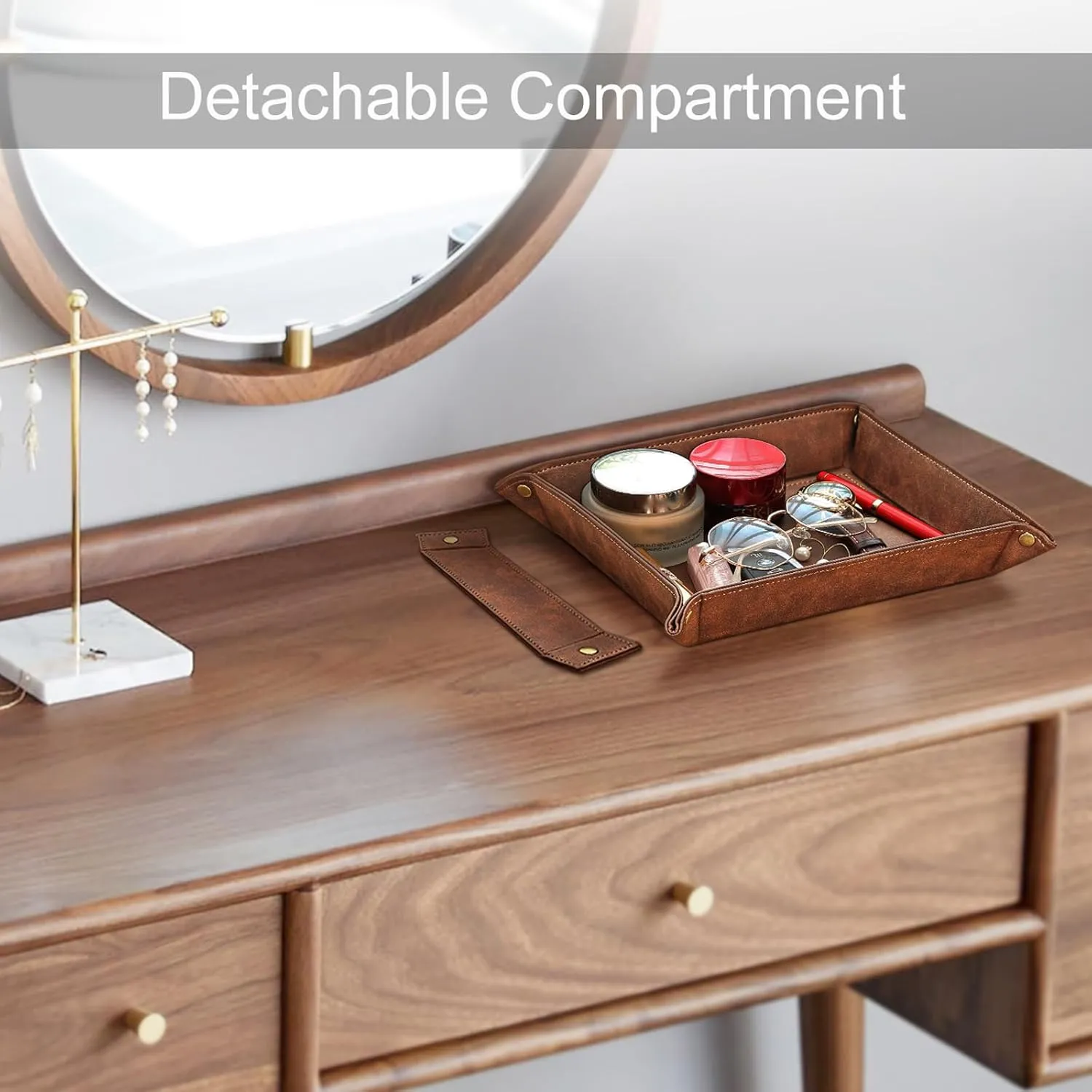 SITHON Valet Tray Desktop Storage Organizer, Removable 2 Compartments Catchall Tray Bedside Vanity Nightstand Caddy Holder Desk Storage Plate, Brown