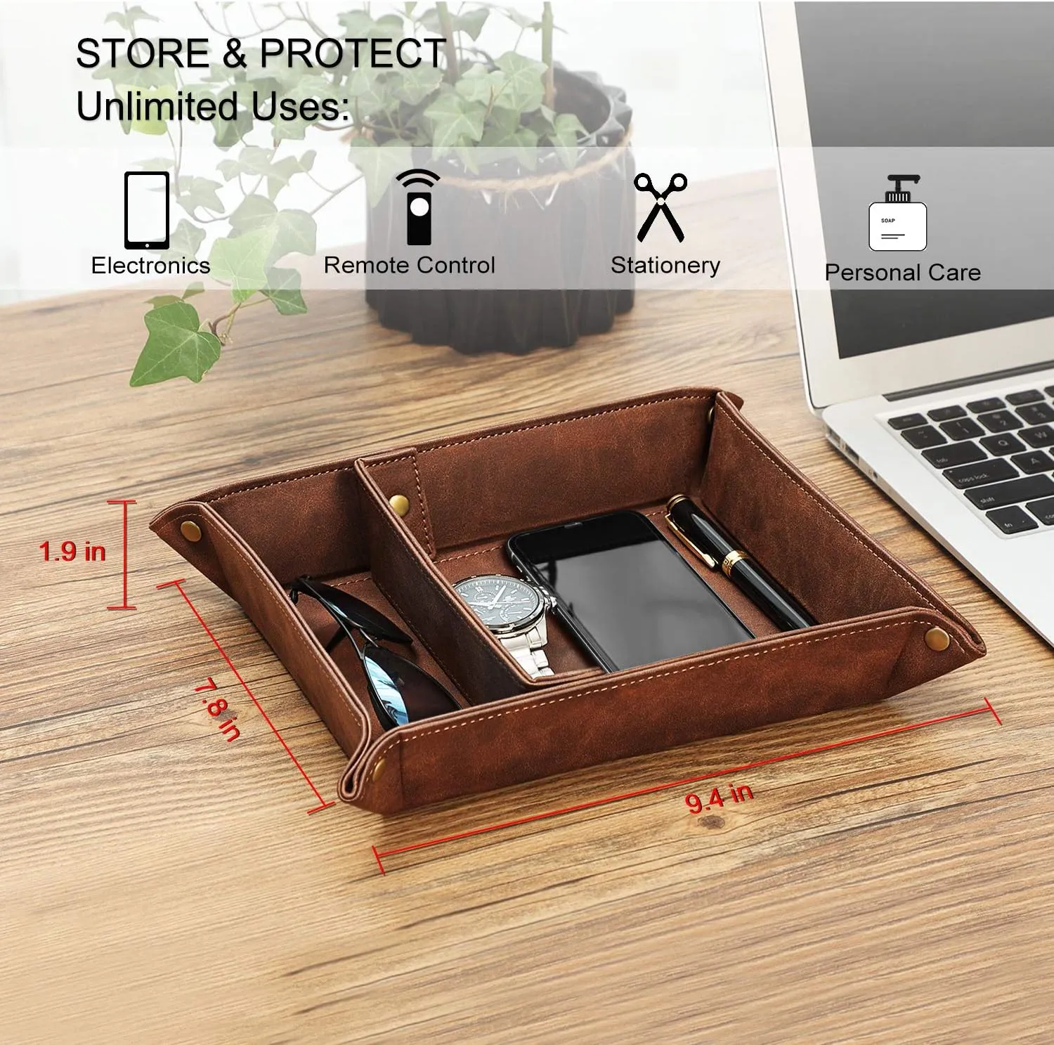 SITHON Valet Tray Desktop Storage Organizer, Removable 2 Compartments Catchall Tray Bedside Vanity Nightstand Caddy Holder Desk Storage Plate, Brown