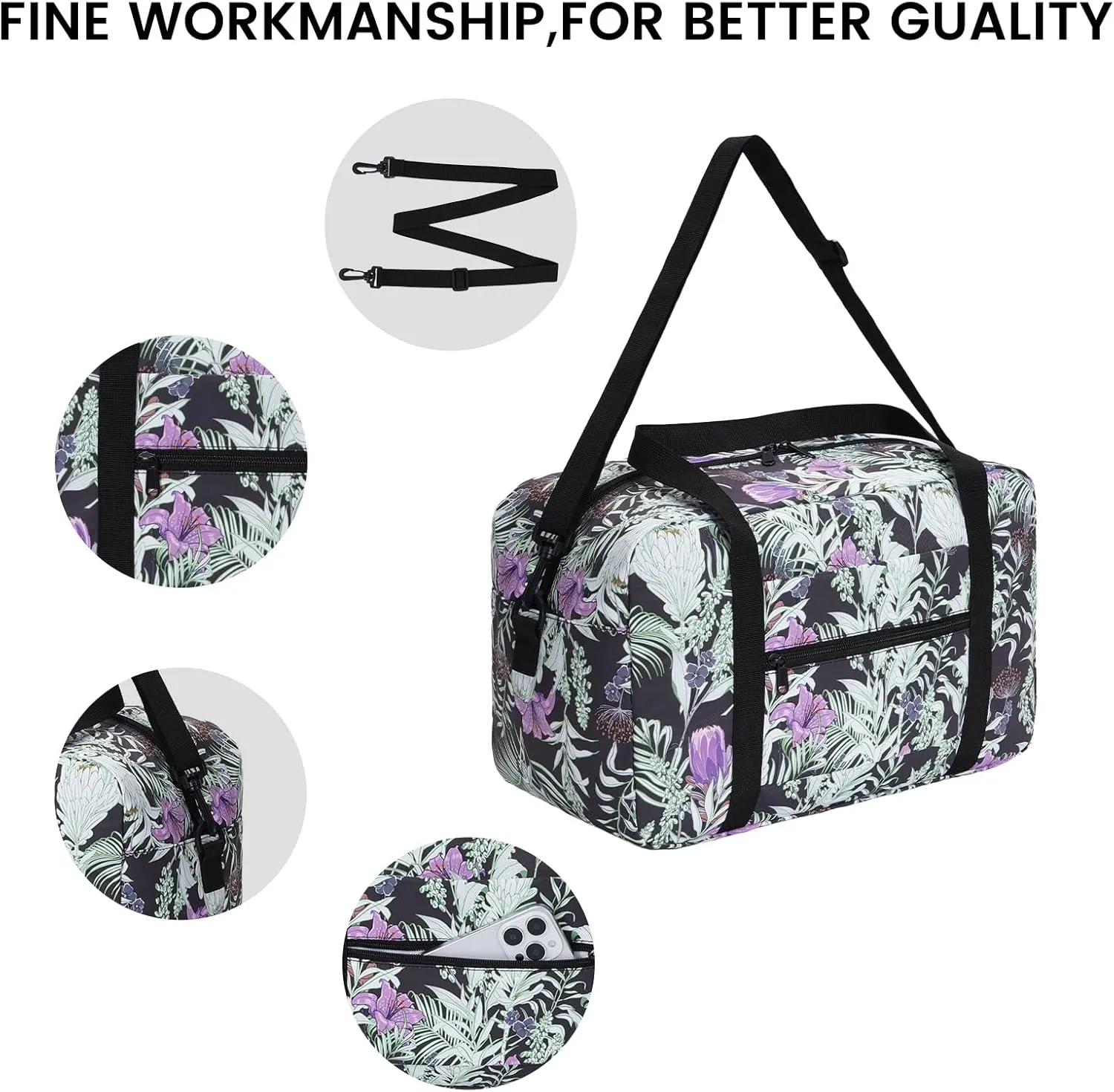 Small Cabin Bag 40x20x25 for Ryanair Airlines Foldable Underseat Travel Bag with Shoulder Strap Lightweight Weekender Duffel Holdall Hand Luggage Bag 20L (Floral Purple)