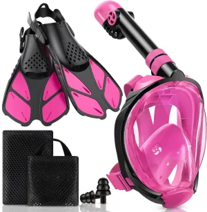 Snorkeling Gear for Kids Teens, Full Face Snorkel Mask & Adjustable Swim Fins Snorkel Set, Panoramic View Snorkel Mask with Dry Top System & Gear Bag, Anti-Fog Anti-Leak