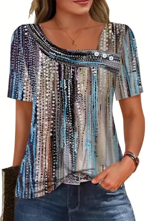 Soesdemo Womens Summer Tops Asymmetrical Neck Short Sleeve Button Dressy Casual Lightweight Tunic T Shirts Blouse