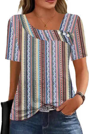Soesdemo Womens Summer Tops Asymmetrical Neck Short Sleeve Button Dressy Casual Lightweight Tunic T Shirts Blouse