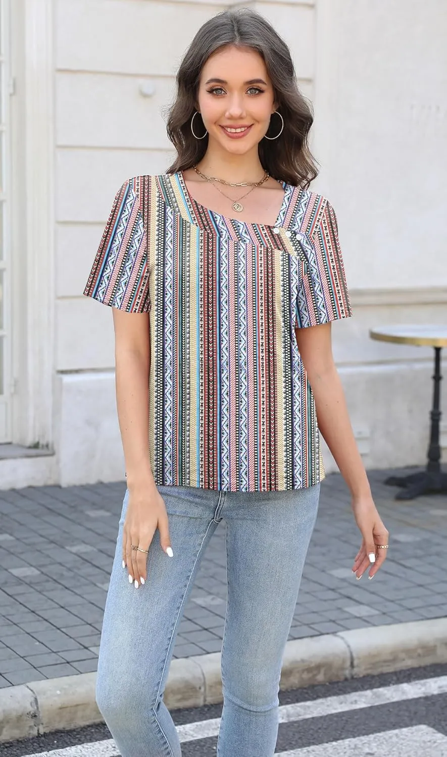 Soesdemo Womens Summer Tops Asymmetrical Neck Short Sleeve Button Dressy Casual Lightweight Tunic T Shirts Blouse