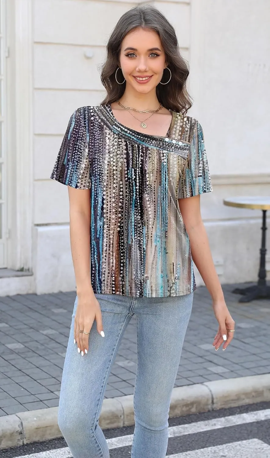 Soesdemo Womens Summer Tops Asymmetrical Neck Short Sleeve Button Dressy Casual Lightweight Tunic T Shirts Blouse