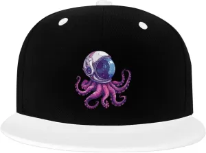 Space Octopus Color-Block Flat Brim Snapback Cap for Men & Women, Adjustable Hip-Hop Hat White