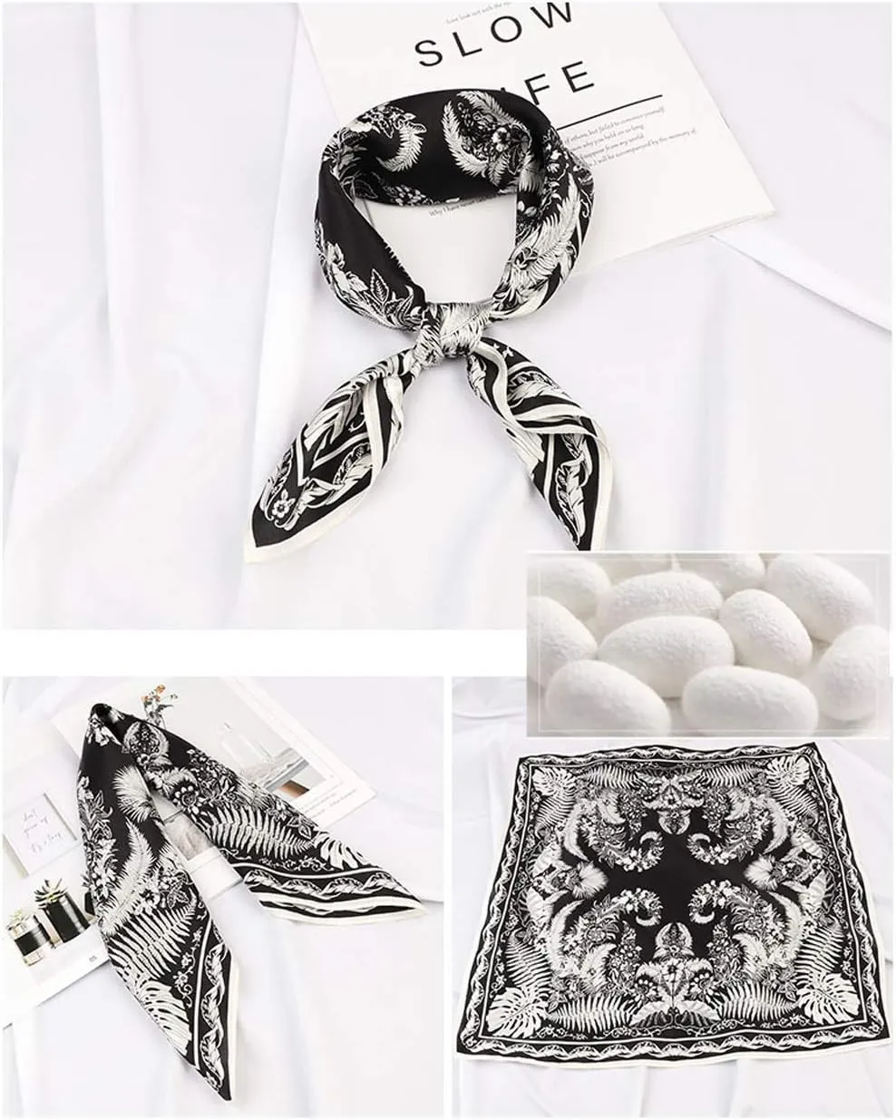 Square 100% Silk Scarves - 21" x 21" - Digital Printed Neckerchief Lightweight Scarf（4 Colors Available）